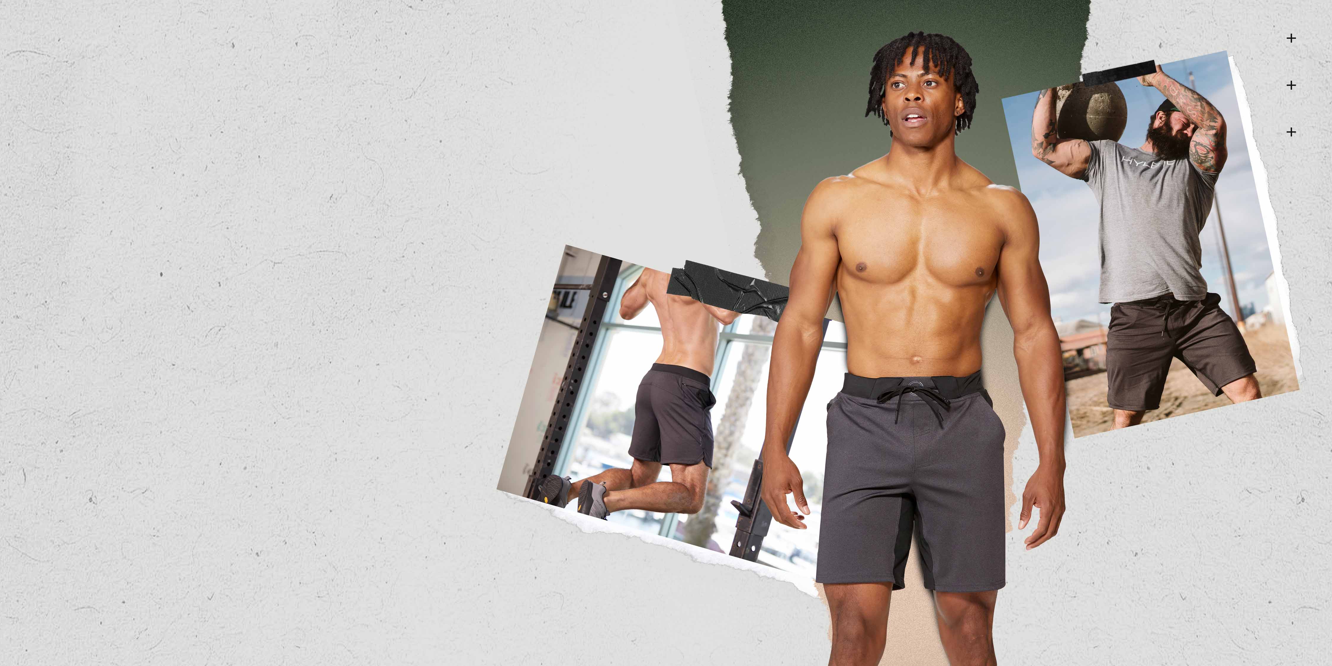 A collage highlighting men's shorts by Hylete. The central image is a shirtless man with dreadlocks wearing dark gray shorts. The smaller images show a man doing a pull-up and another man lifting a large stone, both wearing Hylete shorts.